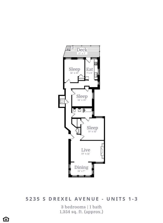 Floor plan for 3 beds, 1 bath, 1200 sqft
